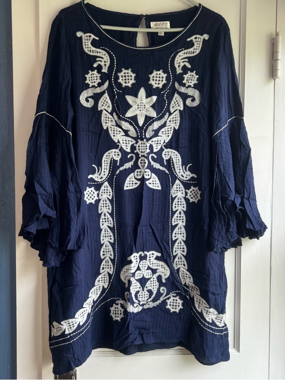 Women’s Navy Blue Embroidered Tunic Dress with White Detailing